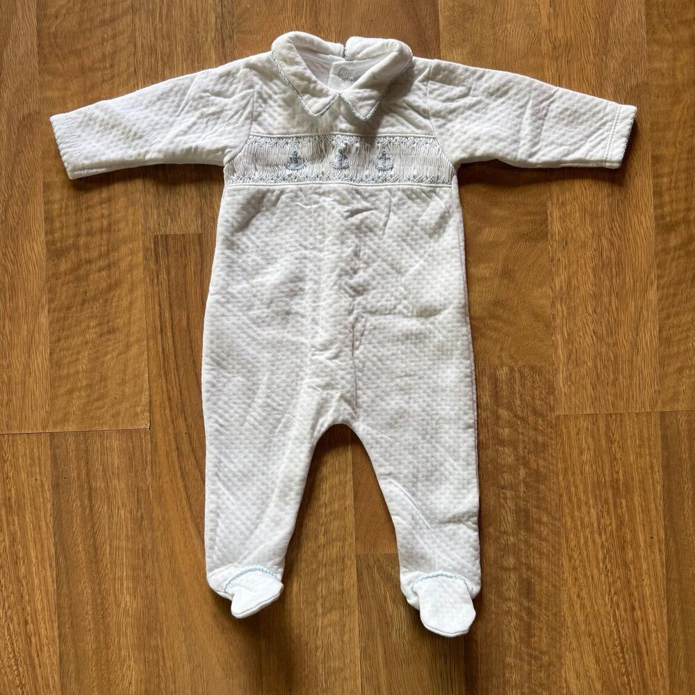 Smocked Nautical sailor anchor white quilted baby sleeper